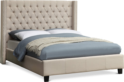 Yara Beige Linen Textured Fabric Upholstered King Bed, 1 Piece