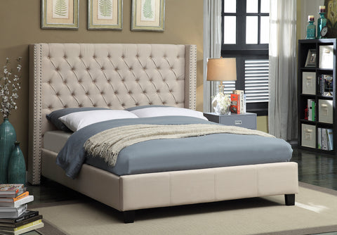 Yara Beige Linen Textured Fabric Upholstered King Bed, 1 Piece