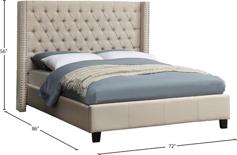 Yara Beige Linen Textured Fabric Upholstered Queen Bed, 1 Piece