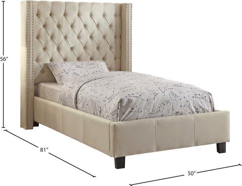 Yara Beige Linen Textured Fabric Upholstered Twin Bed, 1 Piece