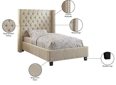 Yara Beige Linen Textured Fabric Upholstered Twin Bed, 1 Piece