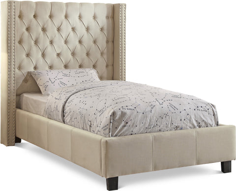 Yara Beige Linen Textured Fabric Upholstered Twin Bed, 1 Piece