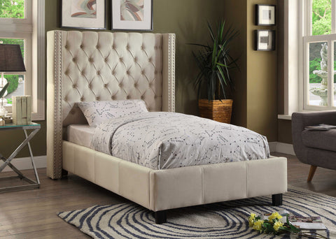 Yara Beige Linen Textured Fabric Upholstered Twin Bed, 1 Piece
