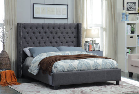 Yara Grey Linen Textured Fabric Upholstered Full Bed, 1 Piece