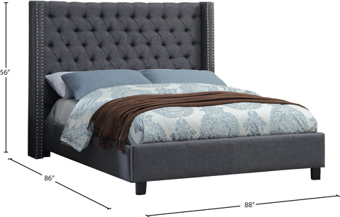 Yara Grey Linen Textured Fabric Upholstered King Bed, 1 Piece
