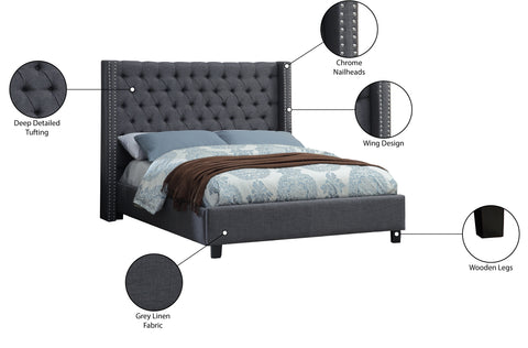 Yara Grey Linen Textured Fabric Upholstered King Bed, 1 Piece