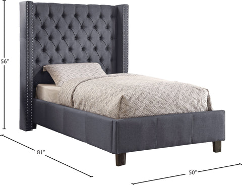 Yara Grey Linen Textured Fabric Upholstered Twin Bed, 1 Piece