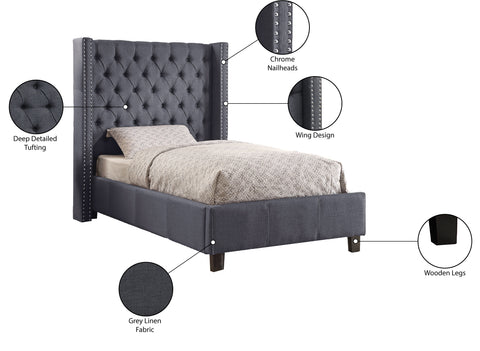 Yara Grey Linen Textured Fabric Upholstered Twin Bed, 1 Piece