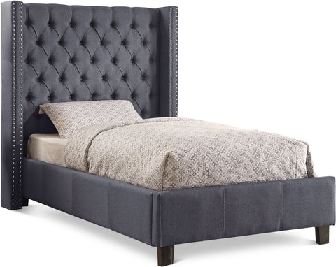 Yara Grey Linen Textured Fabric Upholstered Twin Bed, 1 Piece