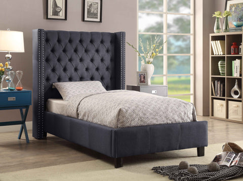 Yara Grey Linen Textured Fabric Upholstered Twin Bed, 1 Piece