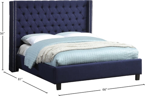 Yara Navy Linen Textured Fabric Upholstered Full Bed, 1 Piece