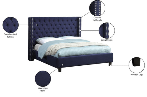 Yara Navy Linen Textured Fabric Upholstered Full Bed, 1 Piece