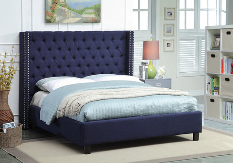 Yara Navy Linen Textured Fabric Upholstered Full Bed, 1 Piece