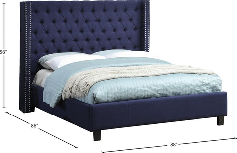 Yara Navy Linen Textured Fabric Upholstered King Bed, 1 Piece