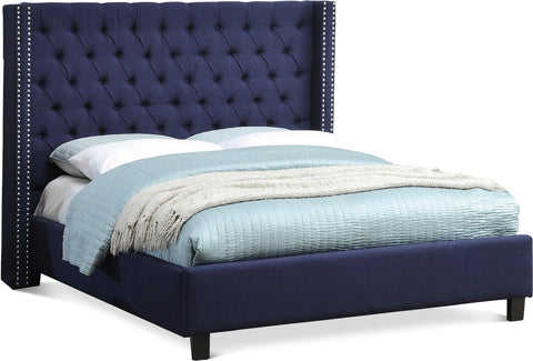 Yara Navy Linen Textured Fabric Upholstered King Bed, 1 Piece