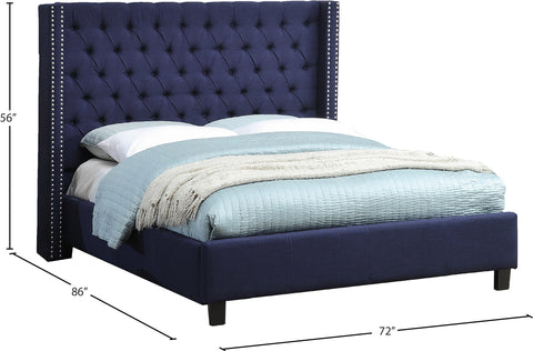 Yara Navy Linen Textured Fabric Upholstered Queen Bed, 1 Piece