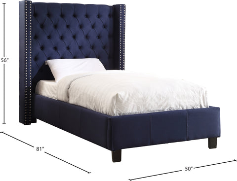 Yara Navy Linen Textured Fabric Upholstered Twin Bed, 1 Piece