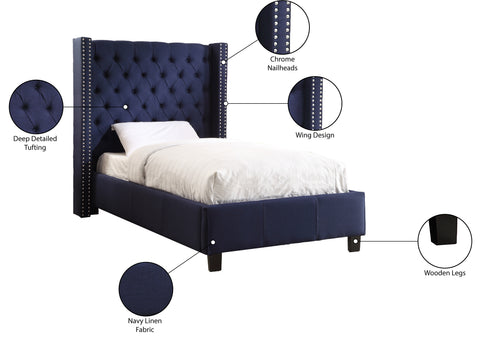 Yara Navy Linen Textured Fabric Upholstered Twin Bed, 1 Piece