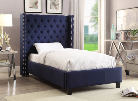 Yara Navy Linen Textured Fabric Upholstered Twin Bed, 1 Piece