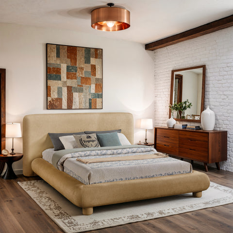 Opal Beige Chenille Fabric Upholstered Queen Bed, 1 Piece