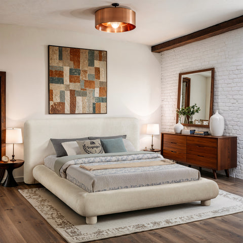Opal Cream Chenille Fabric Upholstered Queen Bed, 1 Piece