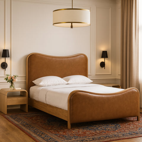 Jolie Cognac Vegan Leather Upholstered King Bed, 1 Piece