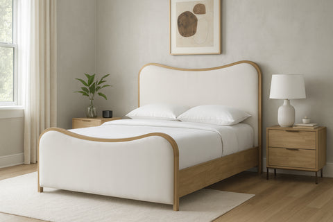 Jolie Cream Linen Textured Fabric Upholstered Full Bed, 1 Piece
