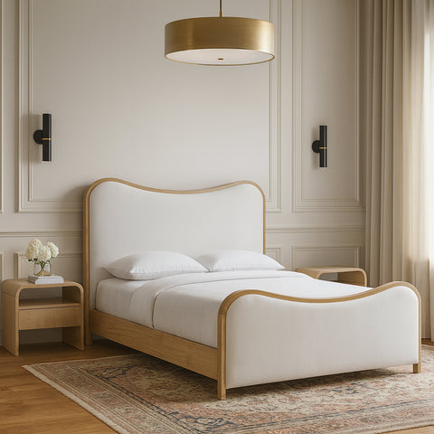Jolie Cream Linen Textured Fabric Upholstered King Bed, 1 Piece