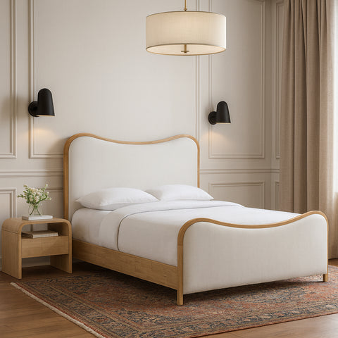 Jolie Cream Linen Textured Fabric Upholstered Queen Bed, 1 Piece