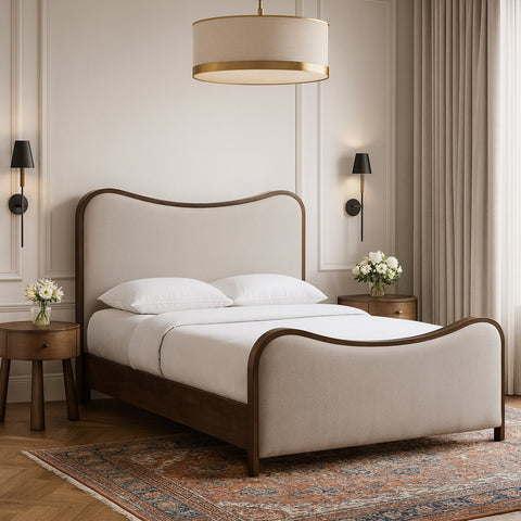 Jolie Beige Linen Textured Fabric Upholstered King Bed, 1 Piece