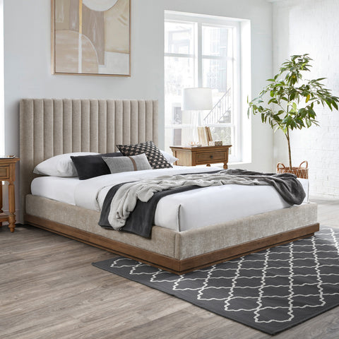 Alden Beige Chenille Fabric Upholstered King Bed, 1 Piece