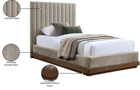 Alden Beige Chenille Fabric Upholstered Twin Bed, 1 Piece