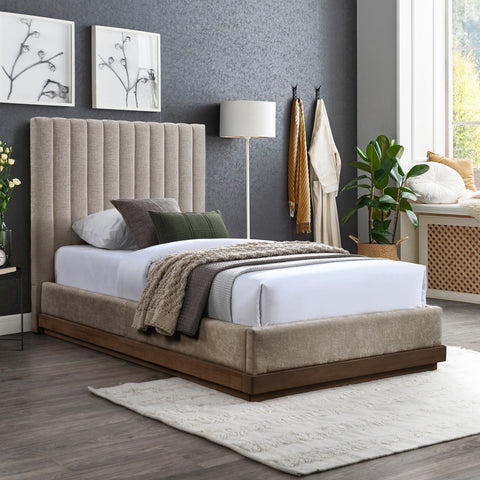 Alden Beige Chenille Fabric Upholstered Twin Bed, 1 Piece