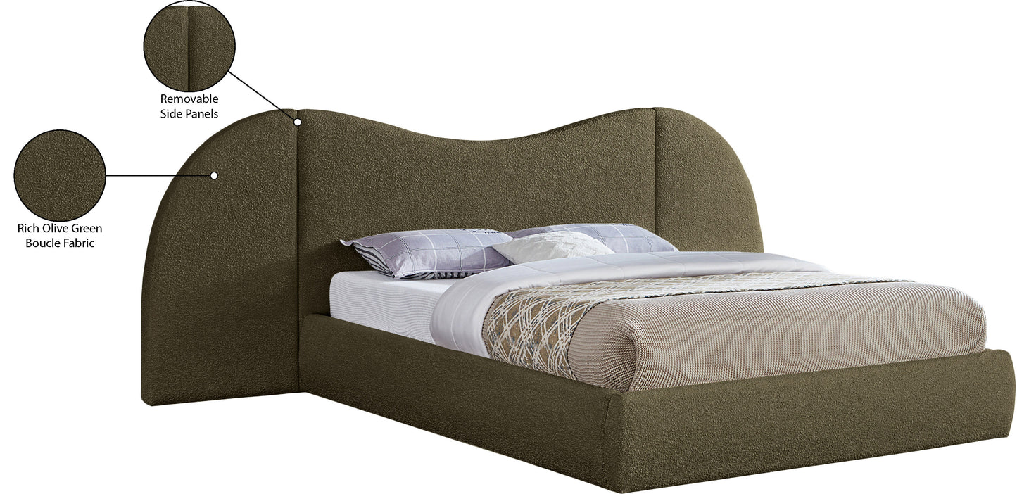 mason olive green boucle fabric king bed (3 boxes) k