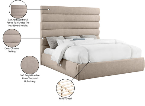 Amara Beige Linen Textured Fabric Upholstered King Bed, 1 Piece