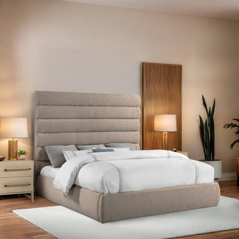 Amara Beige Linen Textured Fabric Upholstered King Bed, 1 Piece