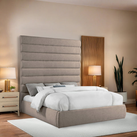 Amara Beige Linen Textured Fabric Upholstered King Bed, 1 Piece (Style 2)