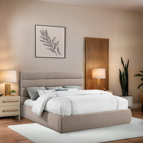Amara Beige Linen Textured Fabric Upholstered King Bed, 1 Piece (Style 3)