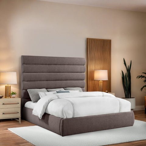 Amara Brown Linen Textured Fabric Upholstered King Bed, 1 Piece