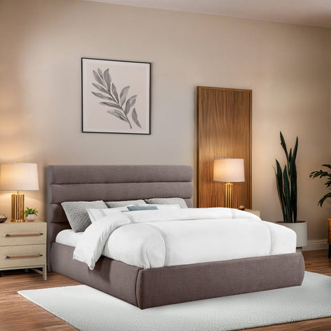 Amara Brown Linen Textured Fabric Upholstered King Bed, 1 Piece (Style 3)