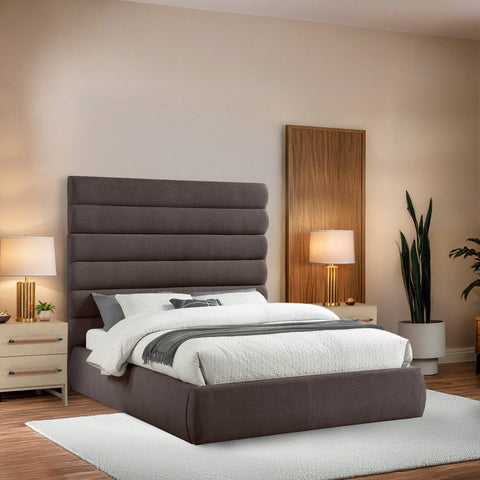 Amara Brown Linen Textured Fabric Upholstered Queen Bed, 1 Piece