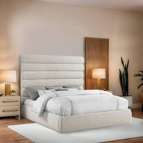 Amara Cream Linen Textured Fabric Upholstered King Bed, 1 Piece