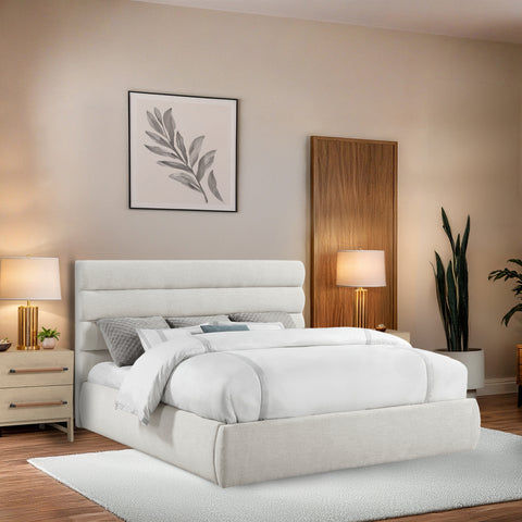 Amara Cream Linen Textured Fabric Upholstered King Bed, 1 Piece (Style 3)