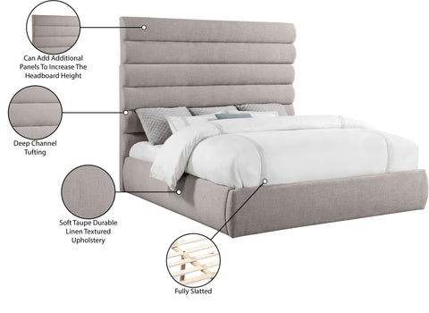 Amara Taupe Linen Textured Fabric Upholstered King Bed, 1 Piece