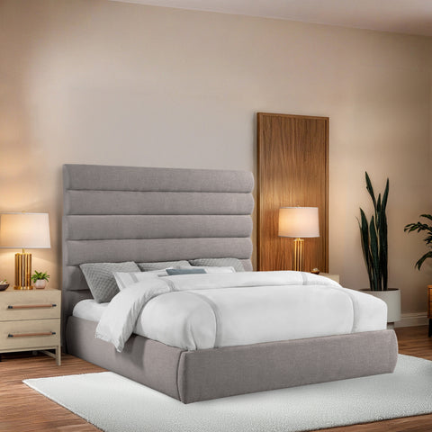 Amara Taupe Linen Textured Fabric Upholstered King Bed, 1 Piece