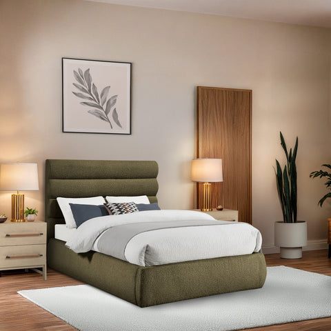 Amara Olive Boucle Fabric Upholstered Full Bed, 1 Piece (Style 3)