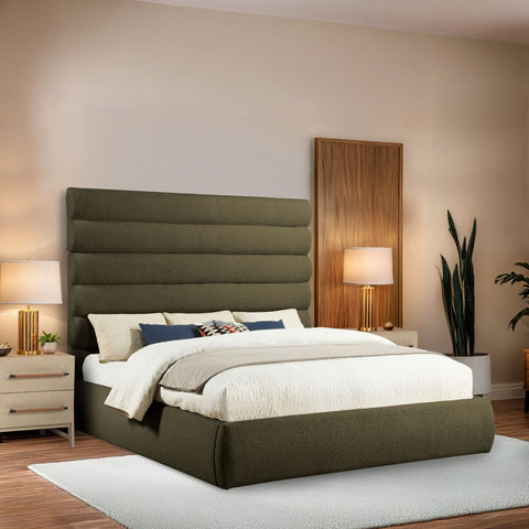 Amara Olive Boucle Fabric Upholstered King Bed, 1 Piece