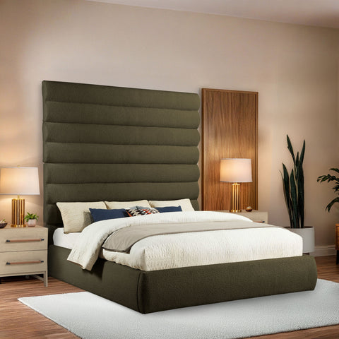 Amara Olive Boucle Fabric Upholstered King Bed, 1 Piece (Style 2)