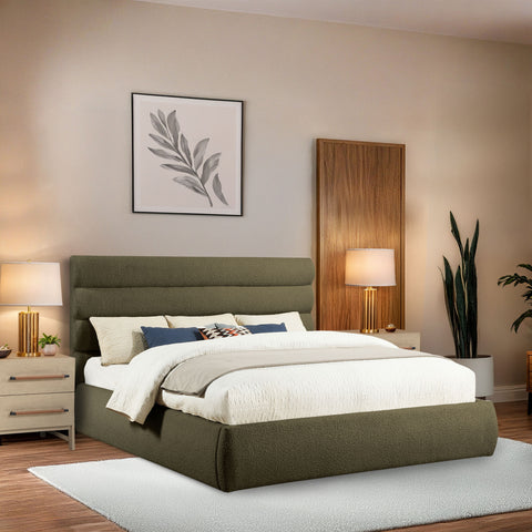 Amara Olive Boucle Fabric Upholstered King Bed, 1 Piece (Style 3)