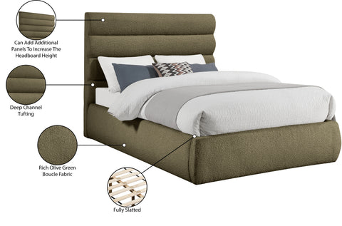 Amara Olive Boucle Fabric Upholstered Queen Bed, 1 Piece (Style 3)